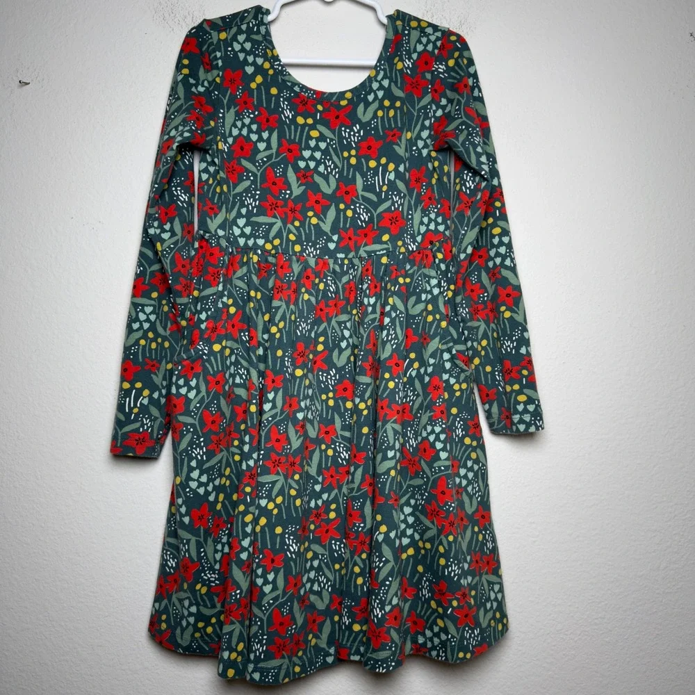 Hanna Andersson Girls Cotton Dress Size 6-7 Green Red Floral Christmas Holiday